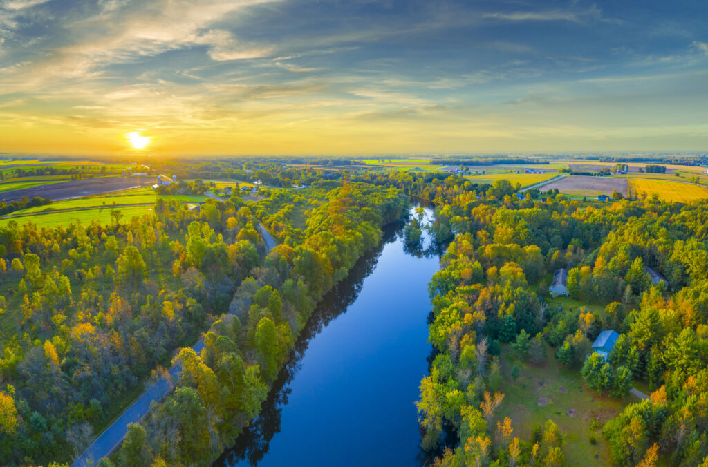 Amazing Autumn trees line tranquil river at sunrise.