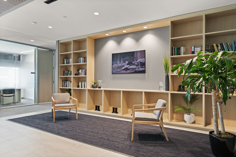 Modern office lounge with two wooden chairs on a dark rug, bookshelves with books and decor, a large plant, and artwork on the wall.