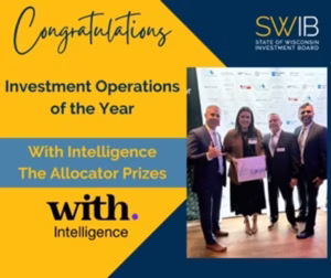 Four people stand together holding an award plaque, with text announcing the State of Wisconsin Investment Board's win for Investment Operations of the Year from With Intelligence.