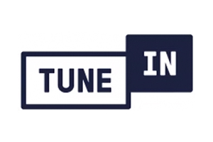 The image shows the TuneIn logo with the word "TUNE" in a white rectangle and "IN" in a dark rectangle, both with dark blue borders and text.