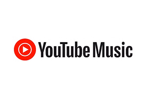 YouTube Music logo featuring a red play button icon next to the text "YouTube Music" in black font on a white background.